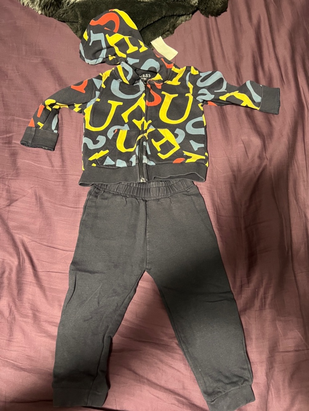Guess Kids Black Hoodie & Joggers with Multicolor Logo Print